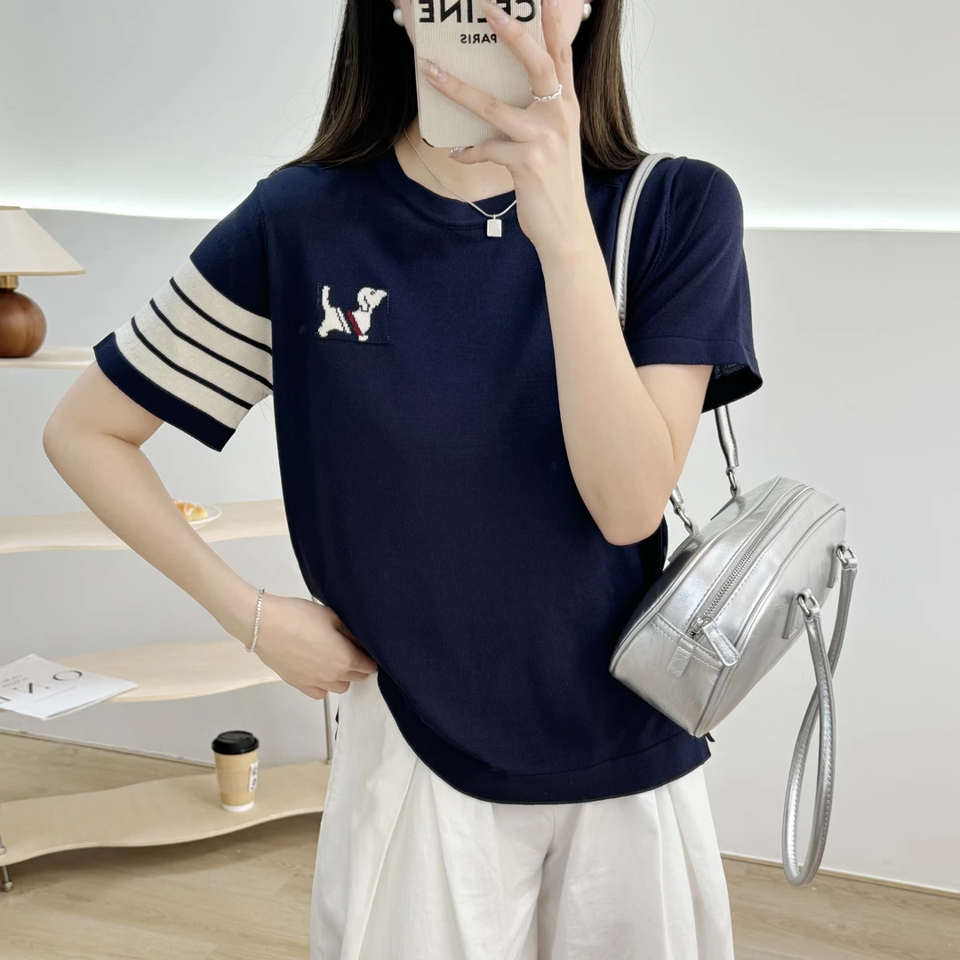 夏季新款设计感小狗提花薄款四条杠短袖气质显瘦针织衫T恤上衣女