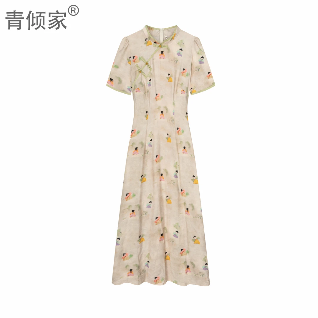 青倾家【古风疏影】新款新中式改良旗袍温柔气质修身显瘦盘扣碎花裙