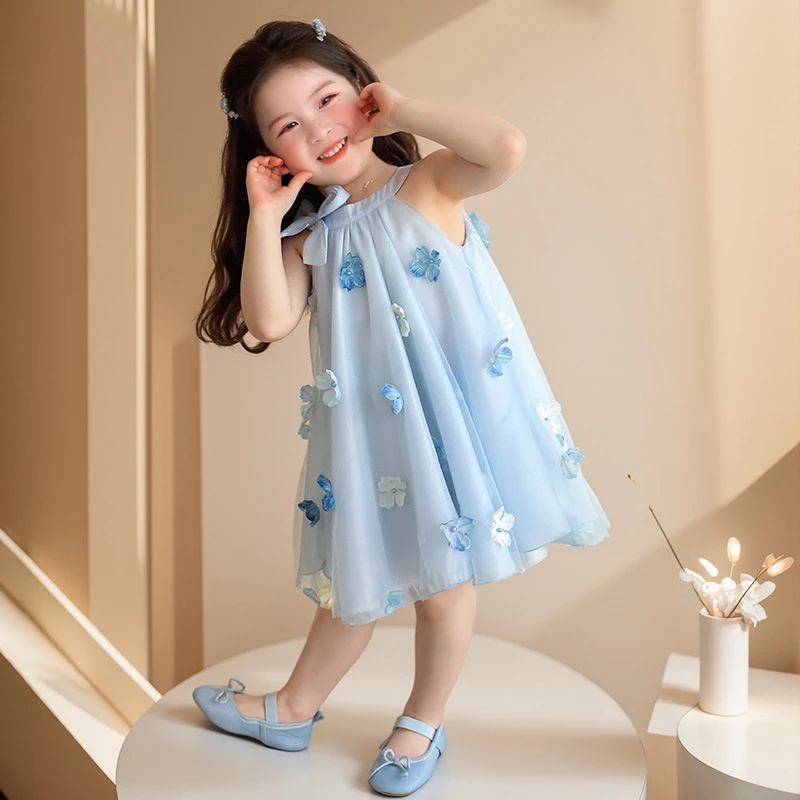 女童连衣裙夏季2025新款儿童洋气网纱公主裙时髦立体花朵背心裙子