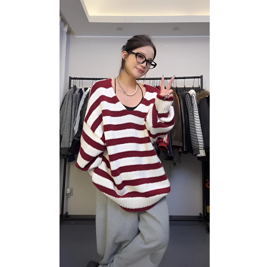 DAXIECHA | 秋季时尚V领针织条纹毛衣淑女休闲秋冬上衣女#11055