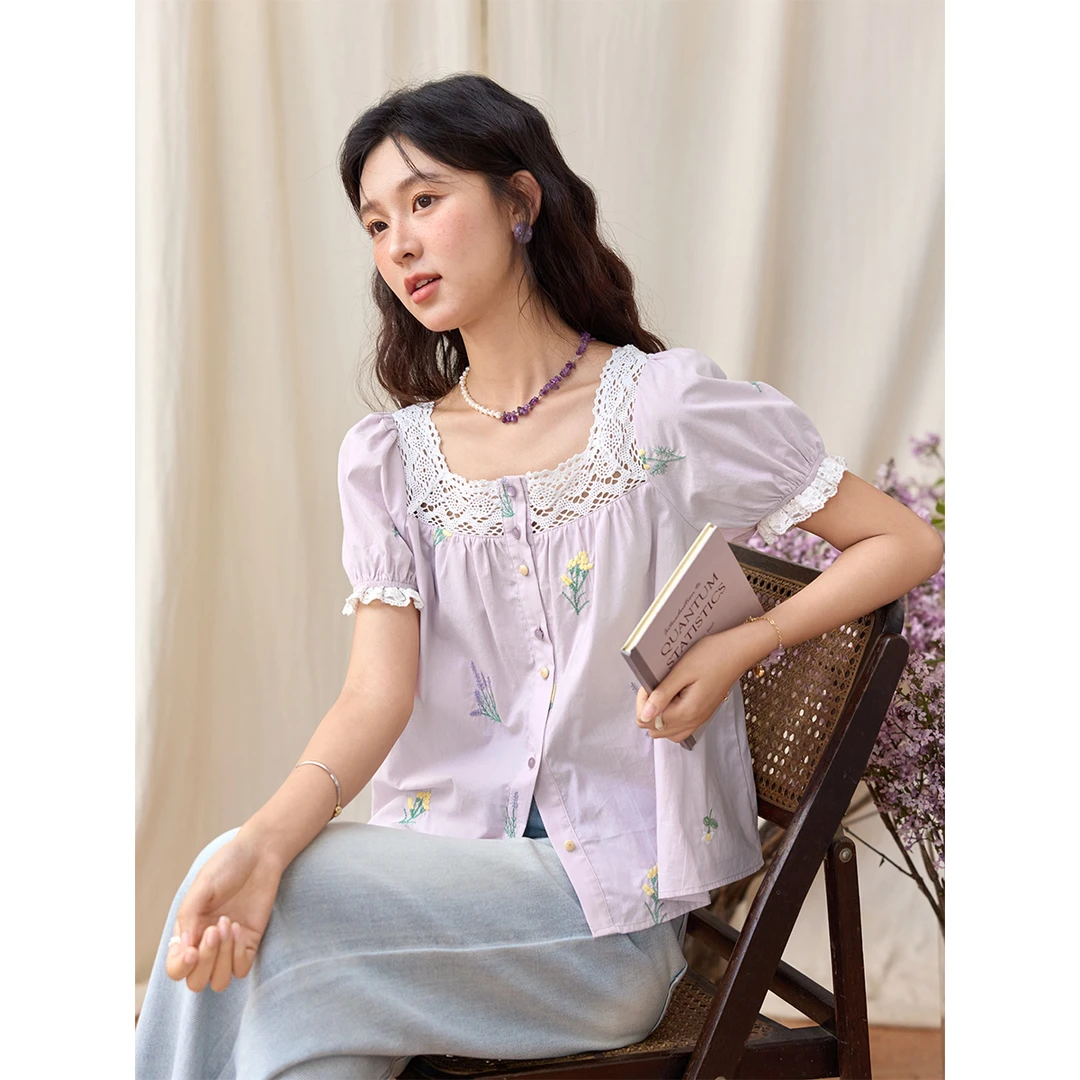 【粉丝专享】谜秀 蕾丝拼接刺绣衬衫韩系方领衬衣MXE36X1830