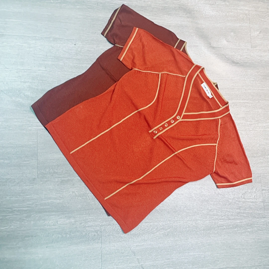 V领一排扣拼色短袖T恤-果梓195