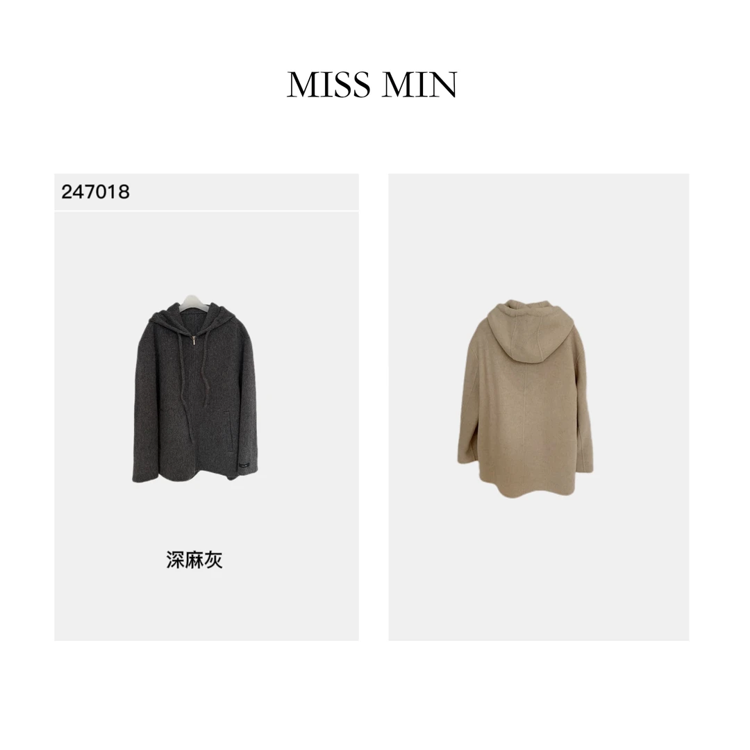 MISS MIN 247018 反季 韩系连帽抽绳手缝双面呢短外套大衣一手长