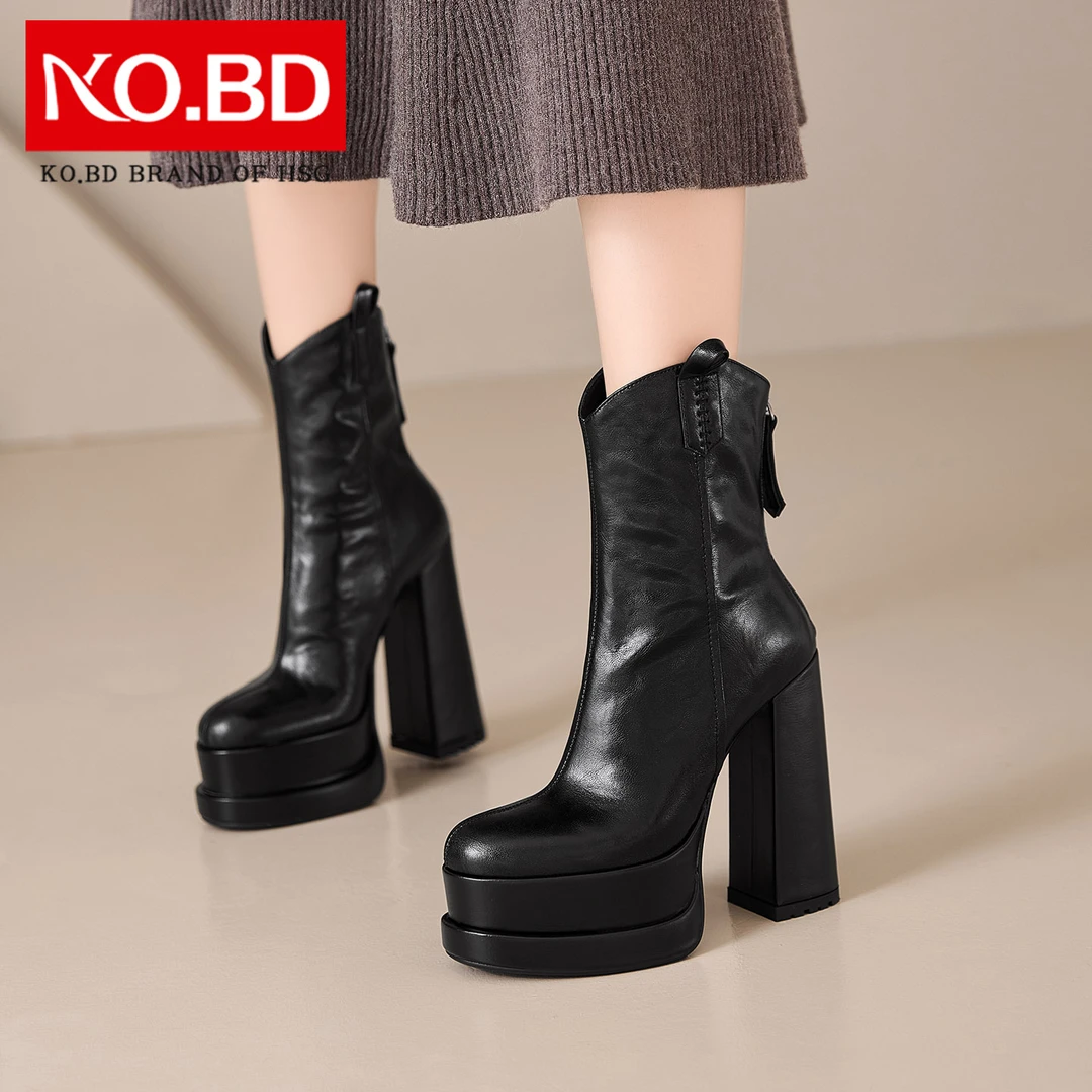 14cm超高跟黑色短靴女春秋单靴防水台粗跟时装靴真皮圆头女靴A318