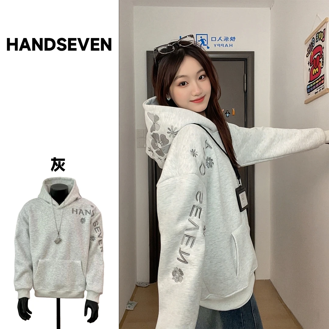 HandSeven美式秋冬帽子花卉刺绣连帽卫衣宽松外套百搭休闲上衣