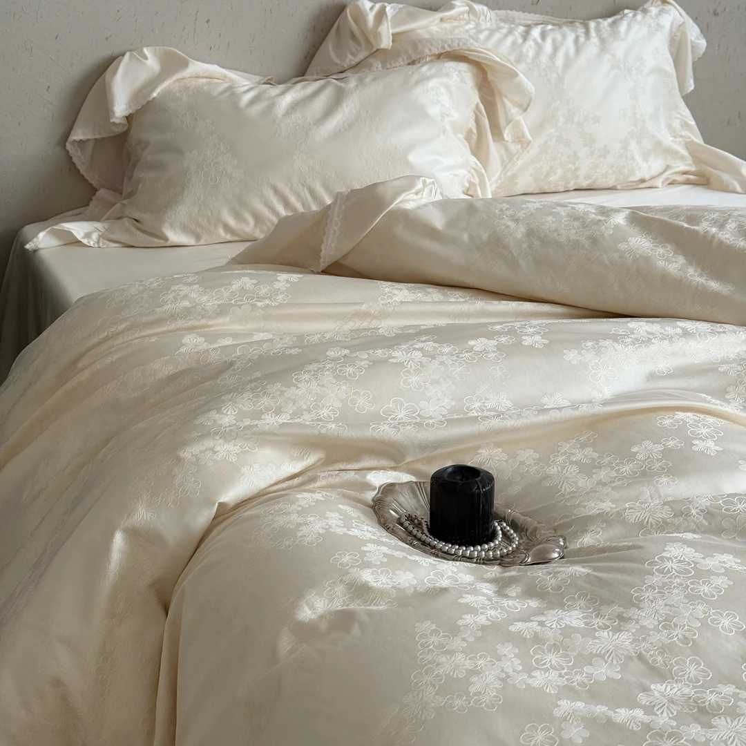 水星高端系列家纺法式公主风支长绒棉四件套纯棉加厚提花被套床单