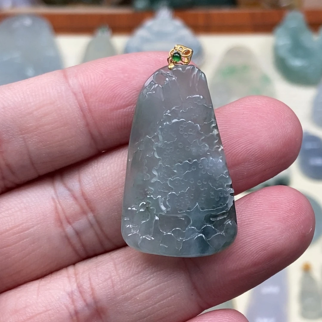 翡翠未镶嵌颈饰山水牌 糯冰 天然缅甸ａ货翡翠高级感礼物