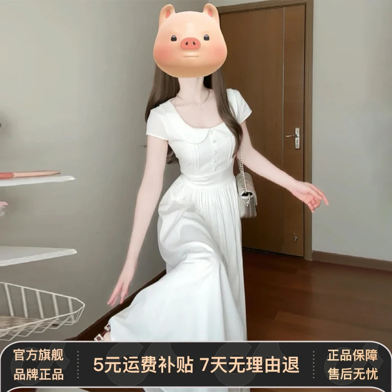 法式初恋清纯白色连衣裙2025新款夏季小个子气质绝美收腰长裙方领