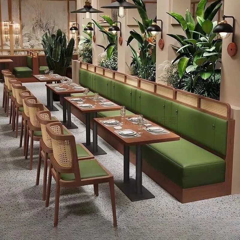 定制东南亚风格茶西餐厅卡座沙发实木藤编桌椅组合商用