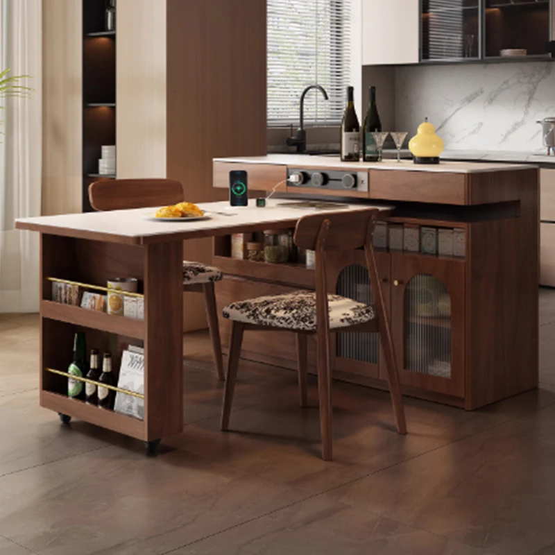 中古风岛台餐桌伸缩一体小户型家用T型多功能可旋转岩板实木吧台