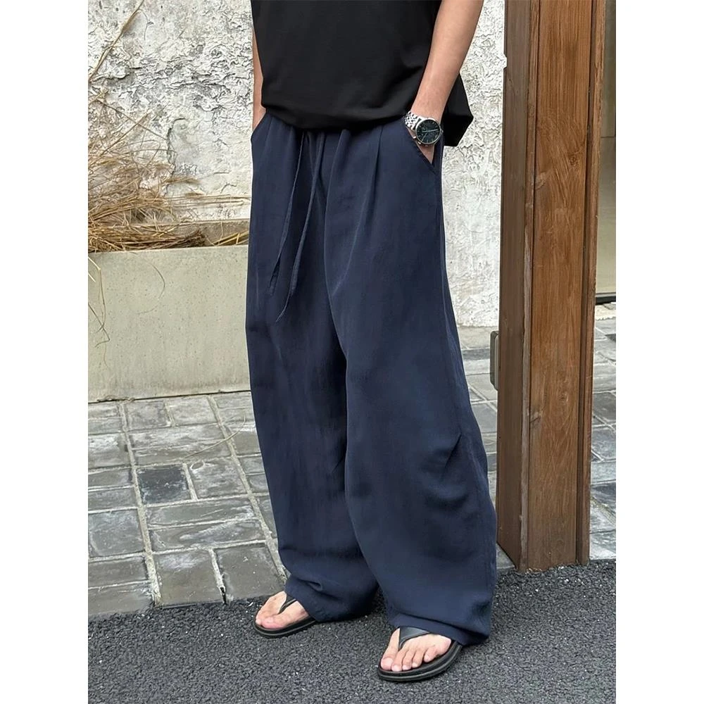 藏蓝色垂感亚麻裤子男夏季薄款慵懒松弛感阔腿裤老钱风弯刀休闲裤