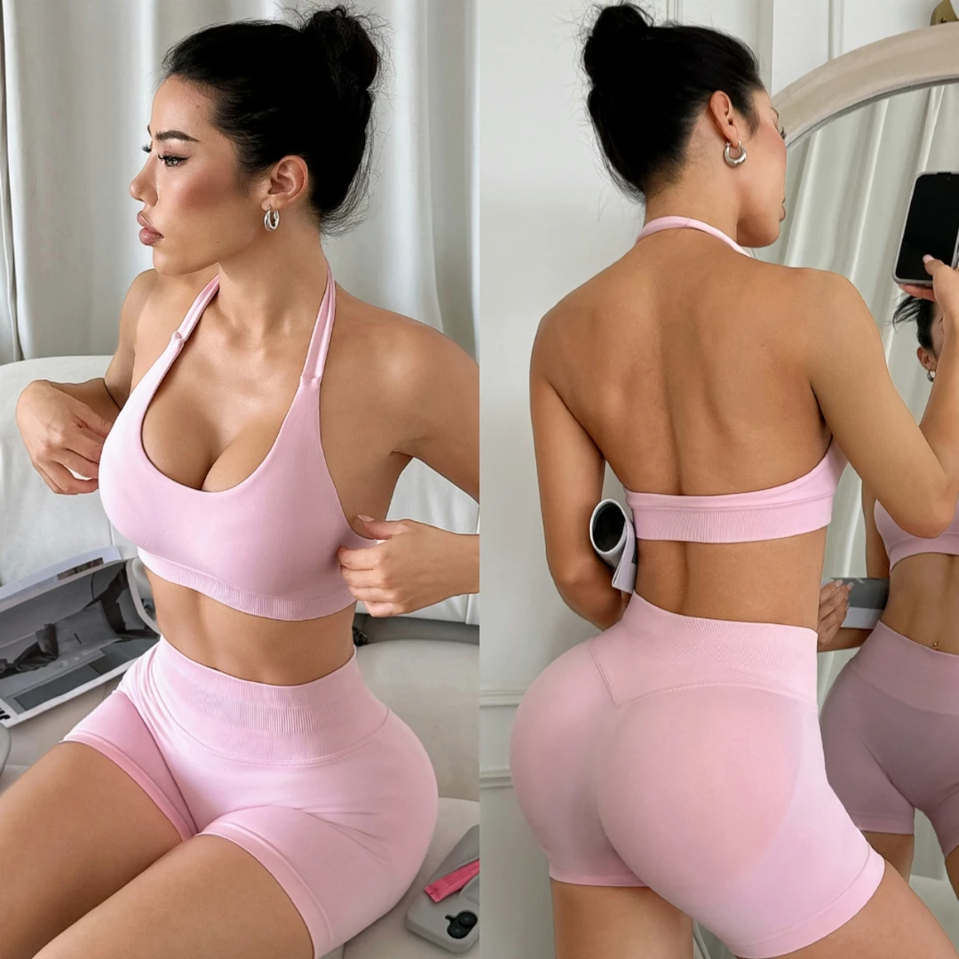 欧美挂脖美背瑜伽服背心普拉提聚拢防震紧身运动文胸健身内衣女新