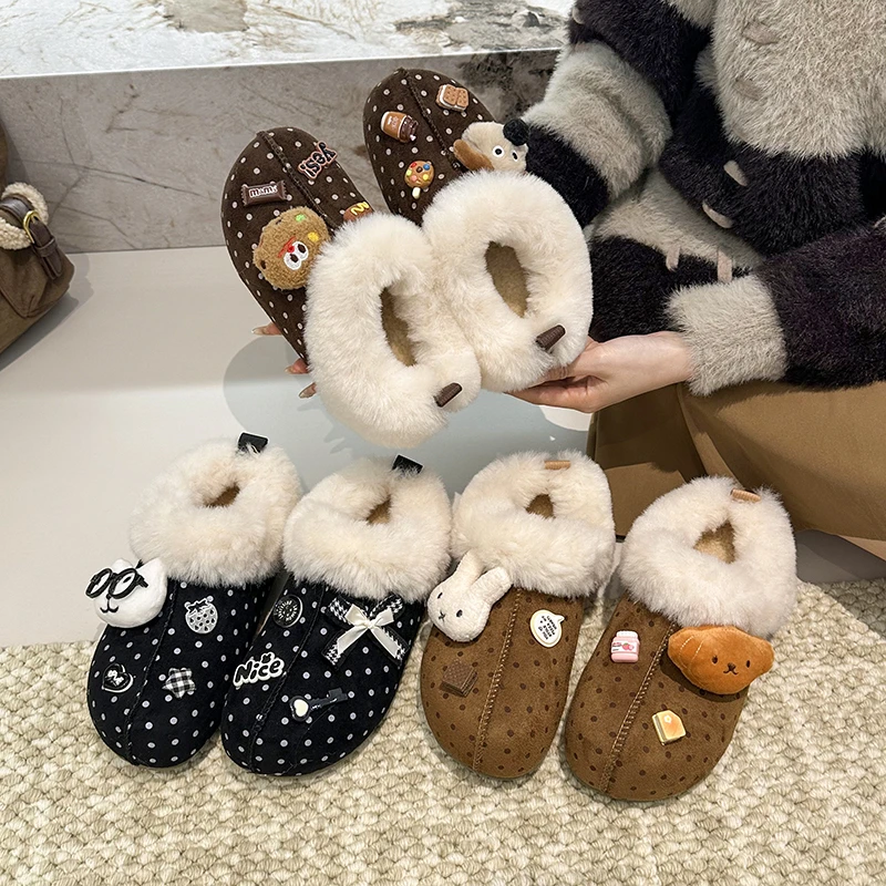 锦希防水台卡通软底纯色休闲日常风包头拖加绒保暖网红毛毛鞋百搭