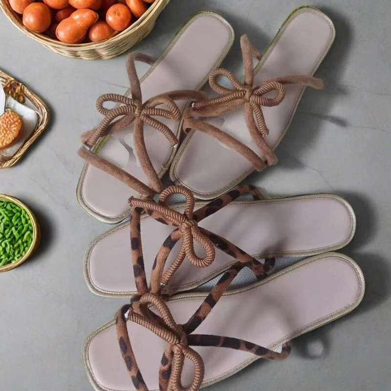 粗跟蝴蝶结女士仙女风一字拖夏季坡跟休闲高跟沙滩鞋百搭日常女鞋