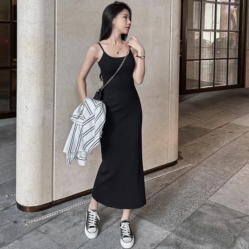 夏季高端奢华性感时尚高腰吊带连衣裙显瘦修身黑色气质包臀裙子