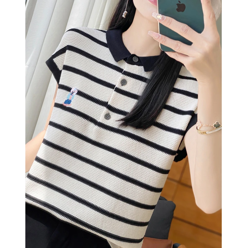 时尚品牌正品夏刺绣polo领女拼色针织衫条纹卡通短袖针织衫上衣