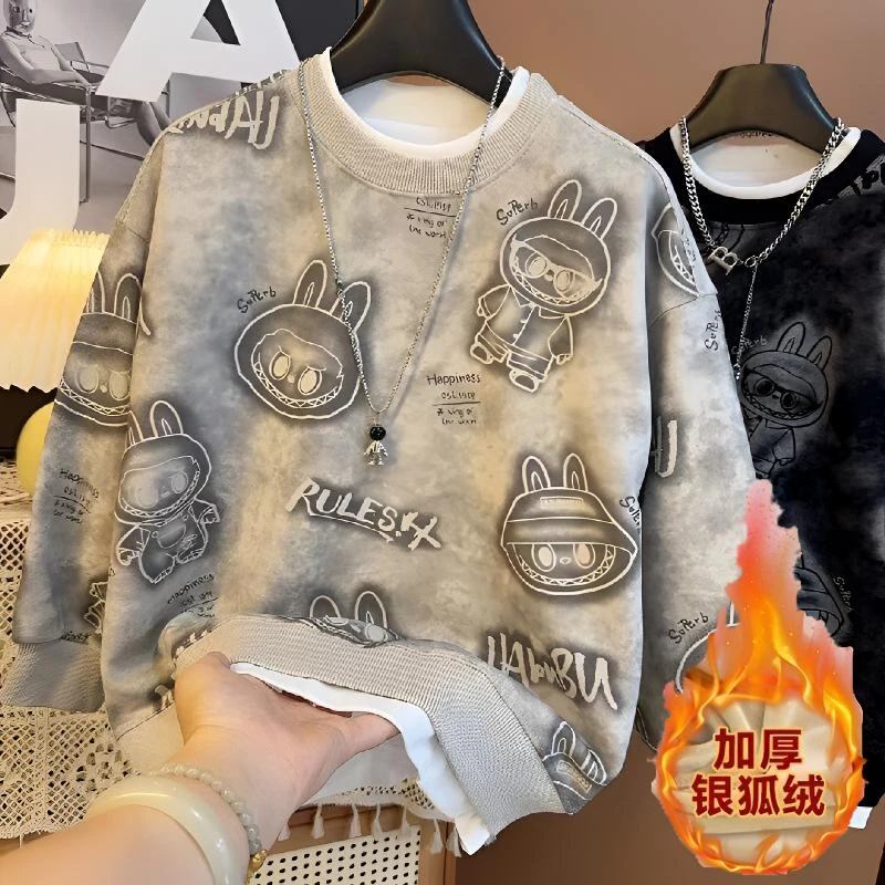 秋冬卡通动漫拉布布中厚套头男童卫衣加绒长袖圆领港风儿童潮卫衣