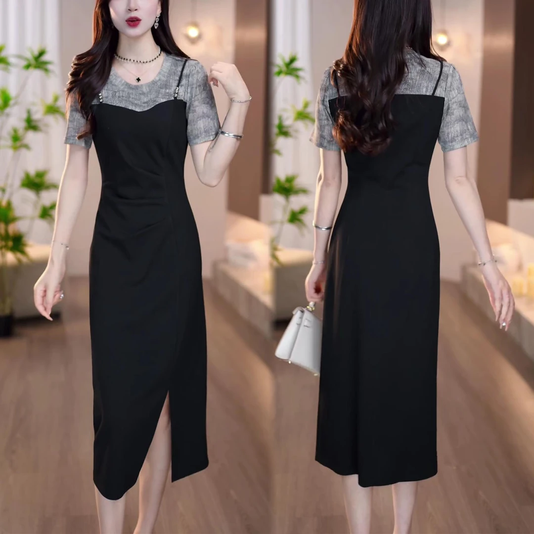 时尚假两件短袖休闲裙子女夏季新款气质显瘦拼接中长款开衩连衣裙