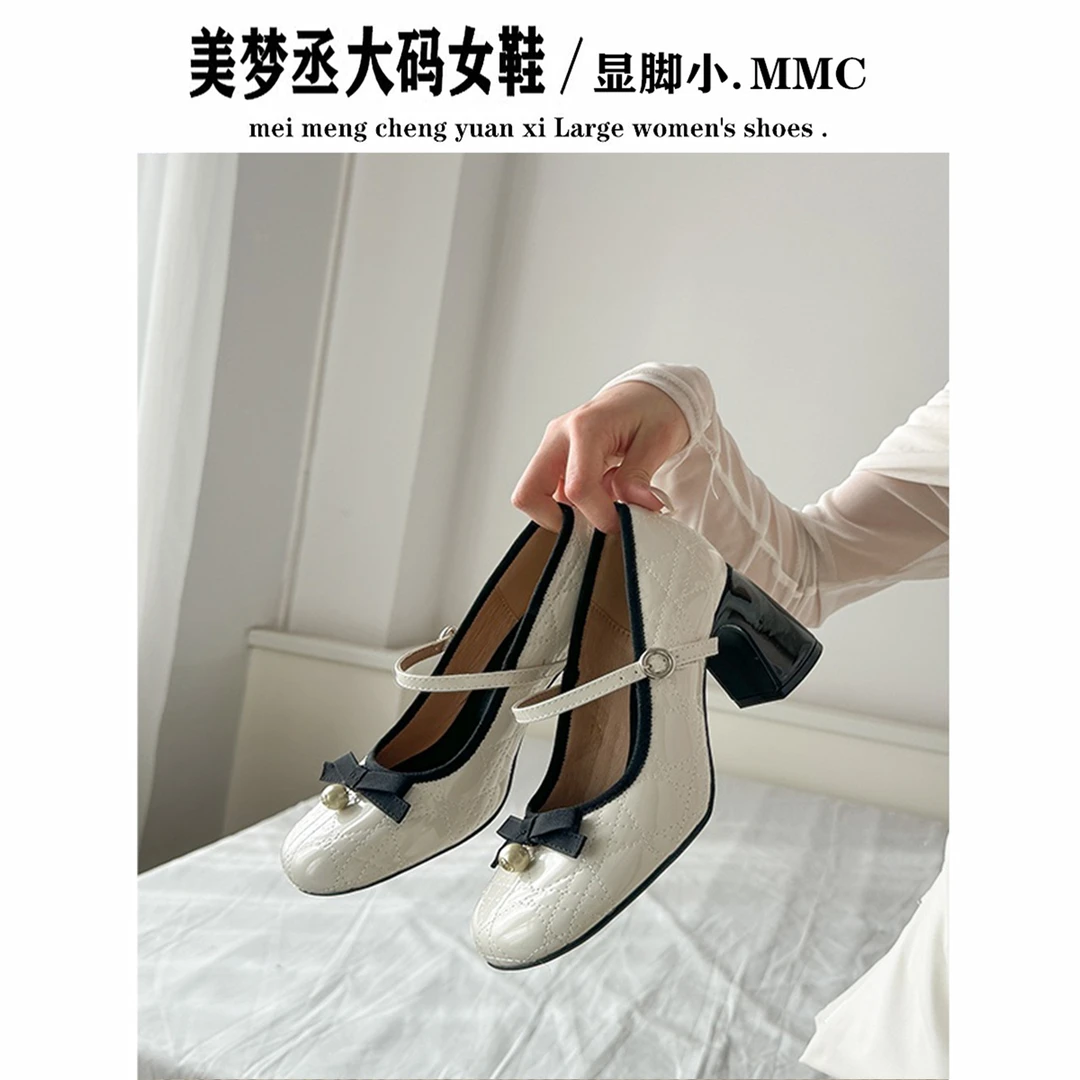 法式白色粗跟高跟玛丽珍鞋女气质高级感高跟鞋蝴蝶结一字扣带单鞋