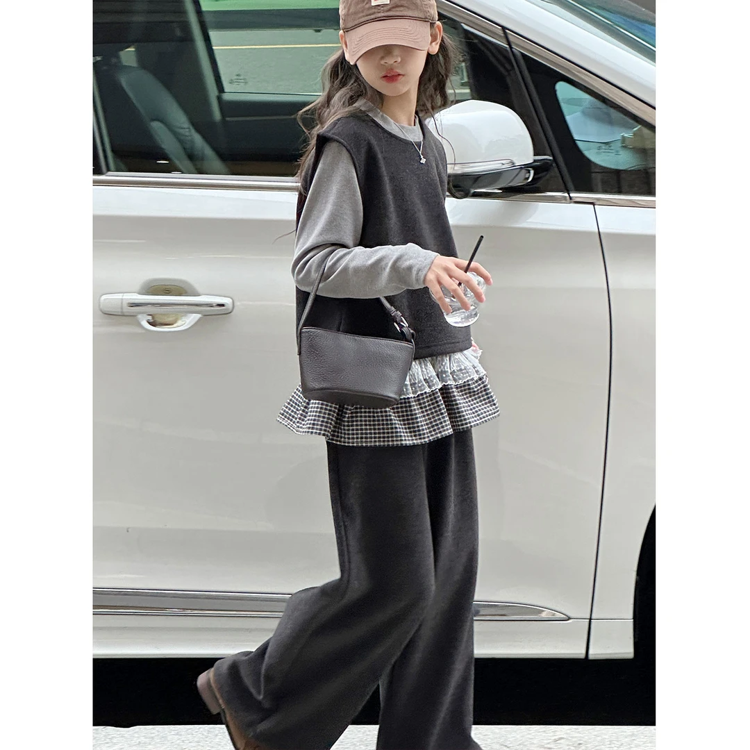 K30049孙小美花边女童套装2025新款秋冬装加绒加厚儿童三件套时髦