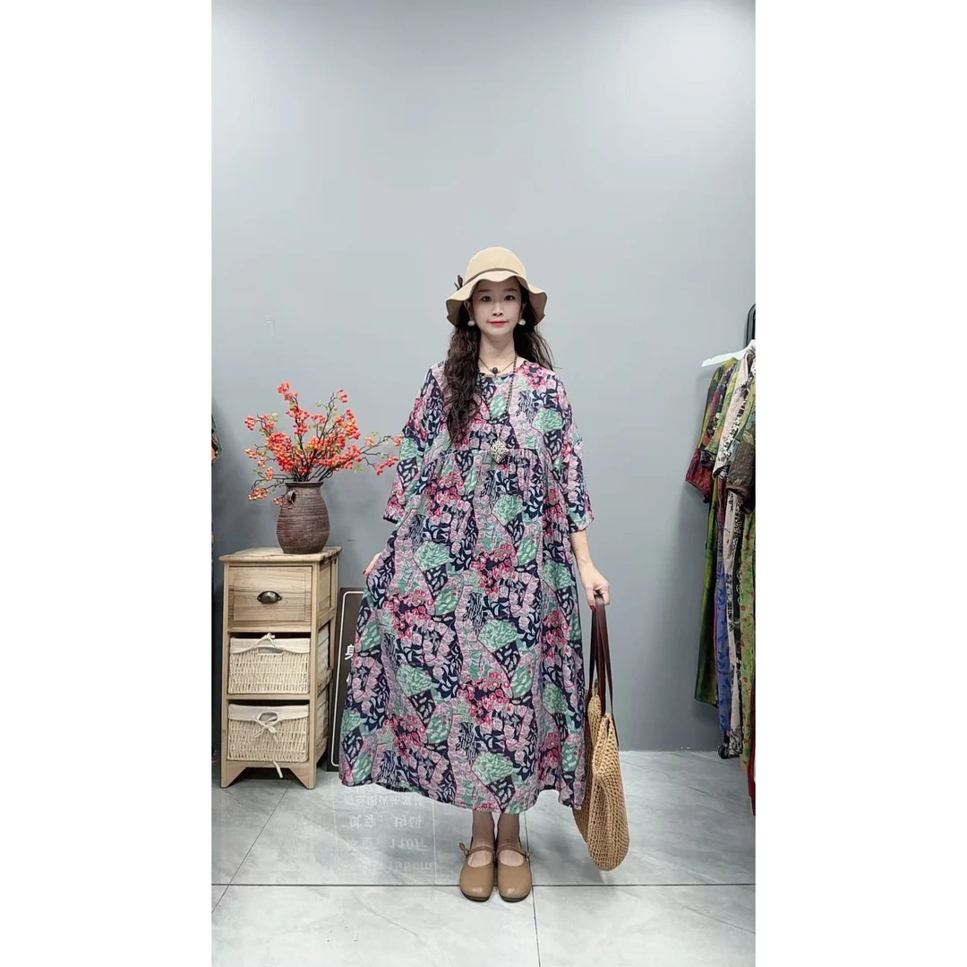 5335夏季新款显瘦气质时尚女百搭休闲文艺复古印花洋气宽松连衣裙