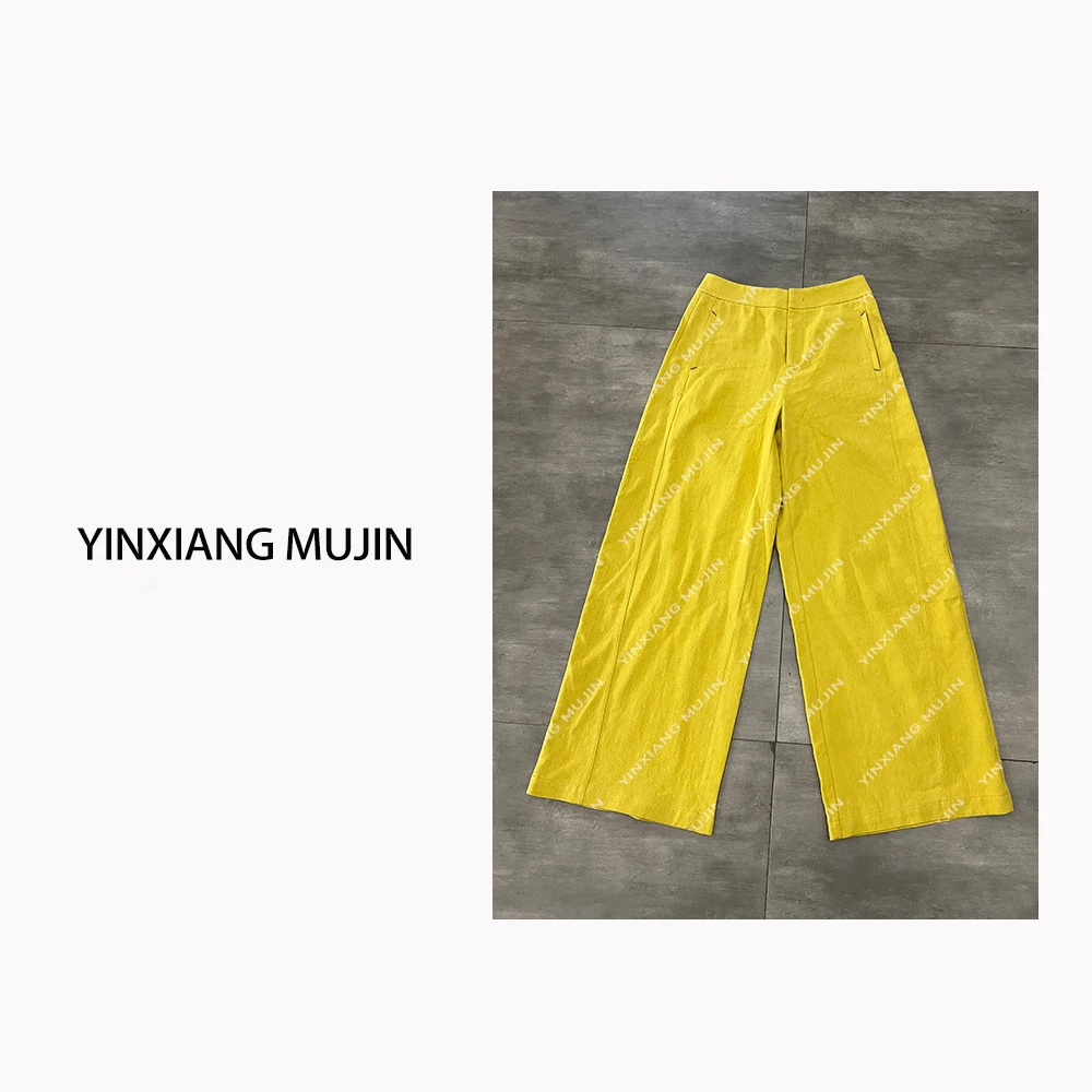 【YINXIANGMUJIN】对角线休闲裤 欧版亚麻混纺宽松阔腿裤女士黄色