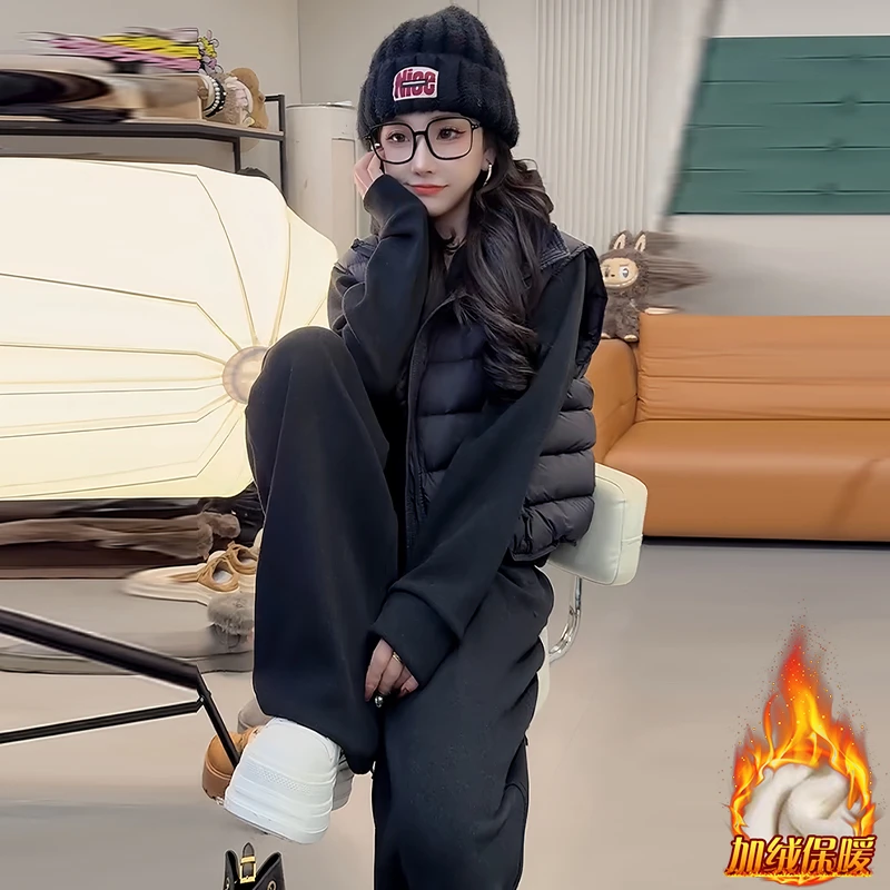 高级感时尚显瘦气质套装女2025年冬季新款加厚上衣马甲长裤三件套