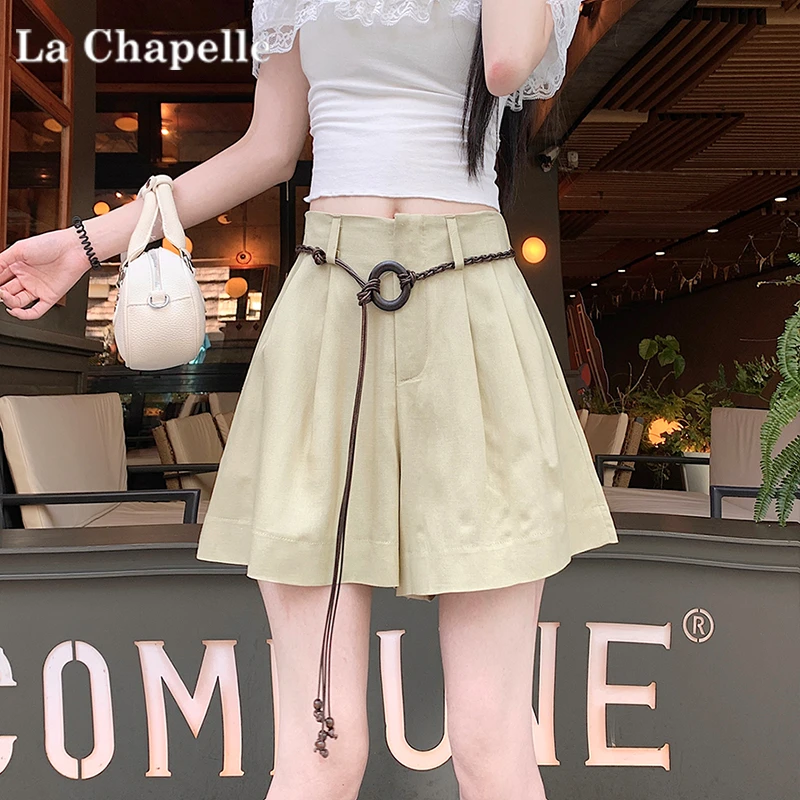 拉夏贝尔高腰短裤女配腰带2025夏季新款网红辣妹高级百搭阔腿裤子