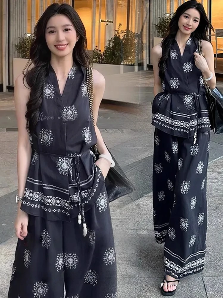 复古时尚印花套装女夏季新款洋气收腰无袖上衣高腰阔腿裤两件套潮