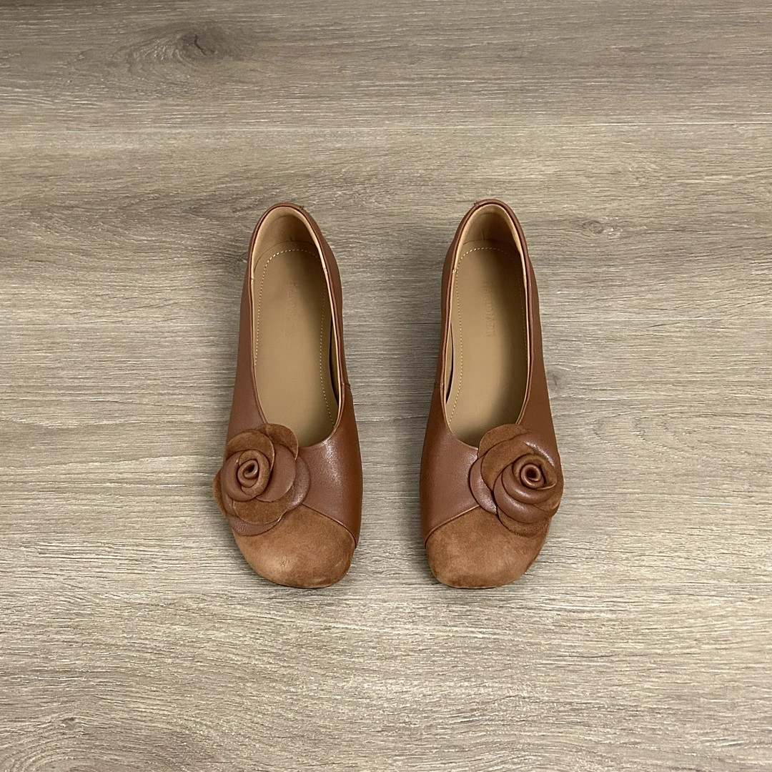 Dannyfrey法式复古山茶花朵气质优雅舒适一脚蹬方头粗跟浅口单鞋