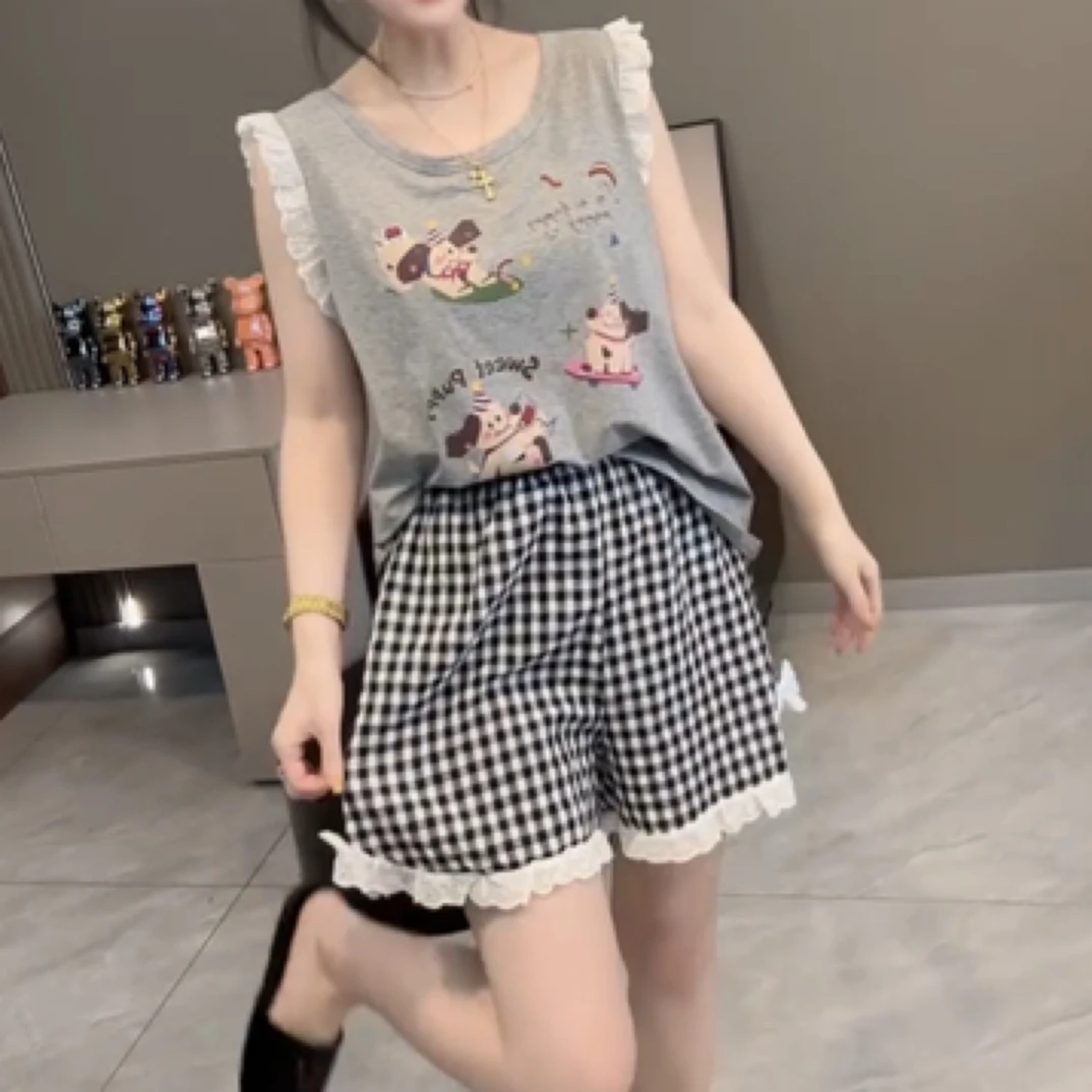 2025夏季新款女卡通睡衣套装格子短裤舒适休闲家居服
