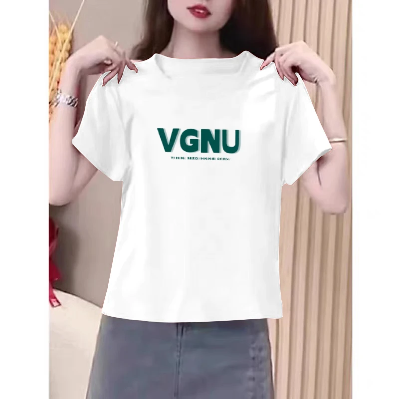 正肩白色短袖t恤女夏季洋气字母印花体恤衫修身显瘦半袖体恤上衣