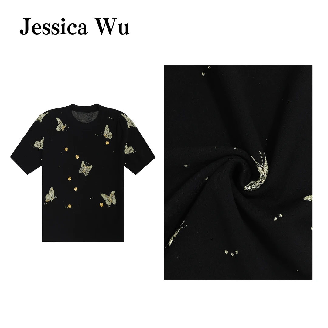 JESSICA WU蝶影浮光墨底金羽云褶逸裳针织短袖上衣254504061