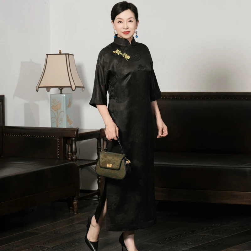 雪竹尚品 灵秀 香云纱桑蚕丝大开襟古法旗袍HQ1825