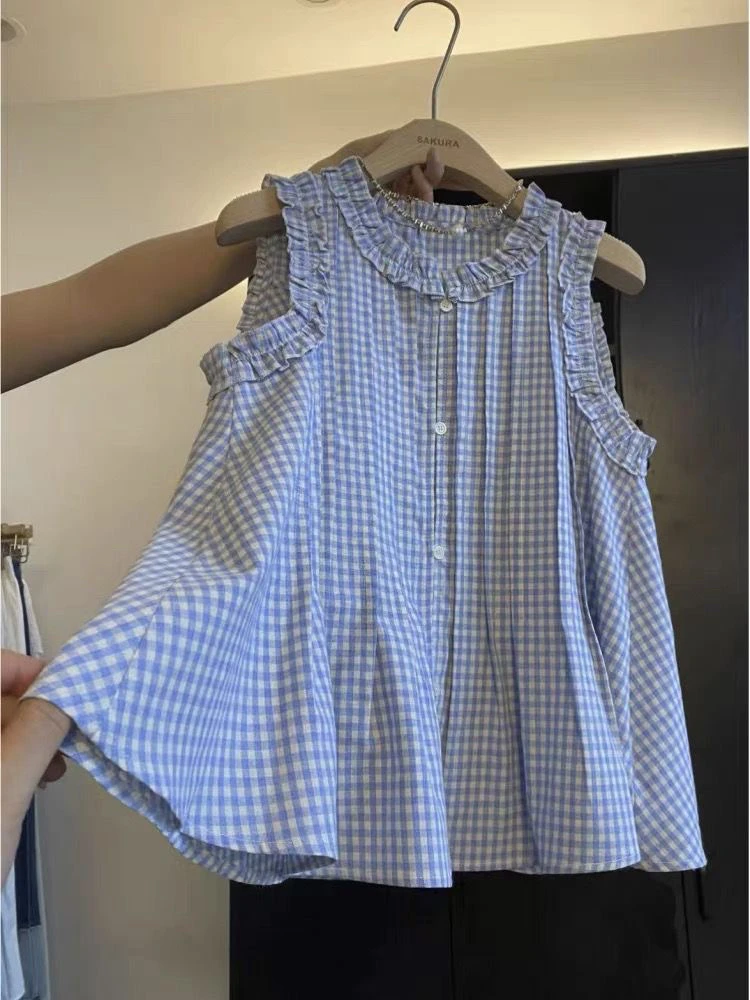 2025夏季新款韩版时尚百搭木耳边格子无袖衬衫女宽松显瘦减龄上衣