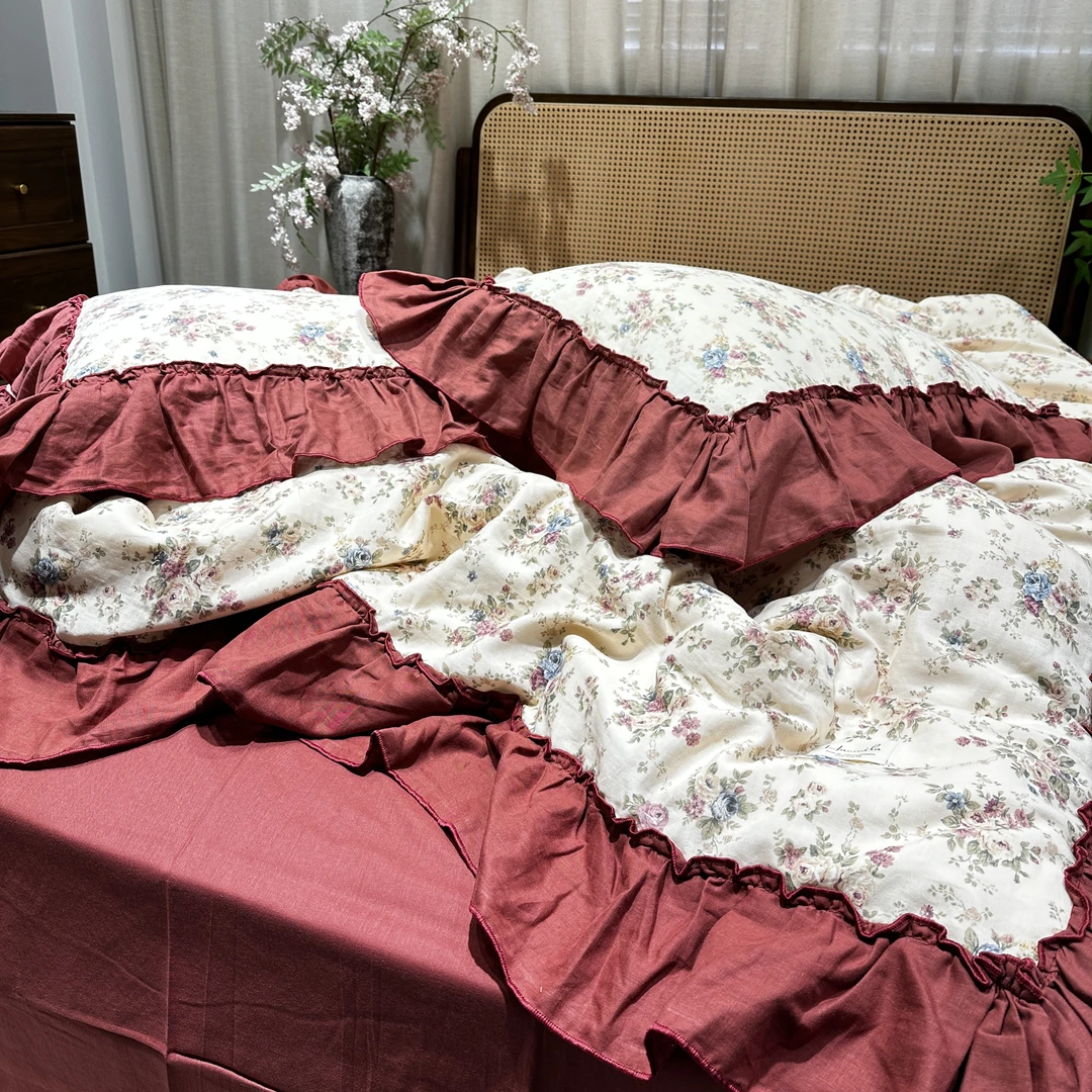 【超级红】乔安娜 全棉双层纱花边款四件套