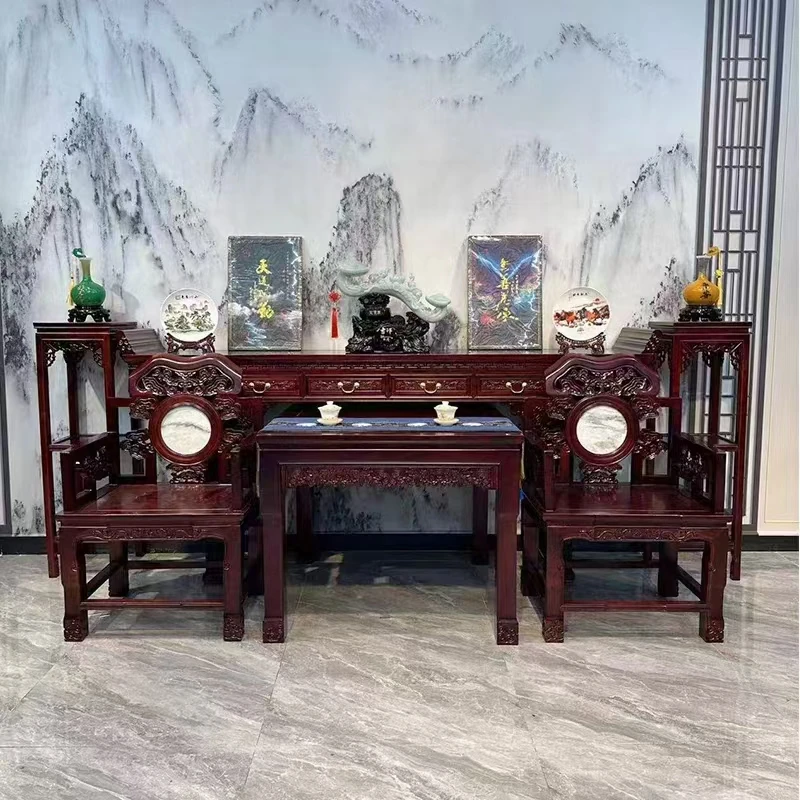 实木比方老榆木工厂堂屋六件套中式仿古中堂八仙桌灵芝椅子供桌