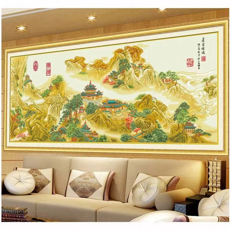 纯手工绣好的十字绣成品不带裱框蓬莱仙境明清古典客厅办公室挂画