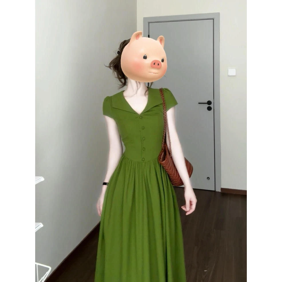 设计感小众绝美连衣裙女夏季法式气质翻领短袖收腰褶皱中长款裙子