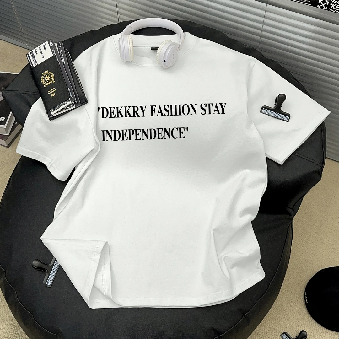 Dekkry夏季美式高街宽松休闲情侣100%纯棉字母手绘短袖t恤男女