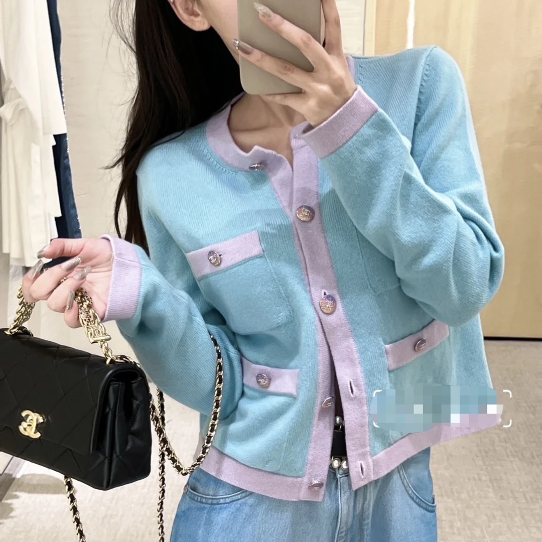 99新 Chanel/香奈儿 D500165/彩虹钻扣四口袋羊绒开衫/34码