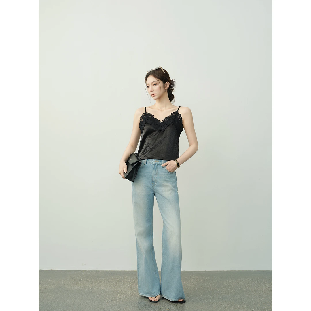 安酒月【 acn*同款】重工天丝棉牛仔水洗做旧牛仔裤女复古直筒裤