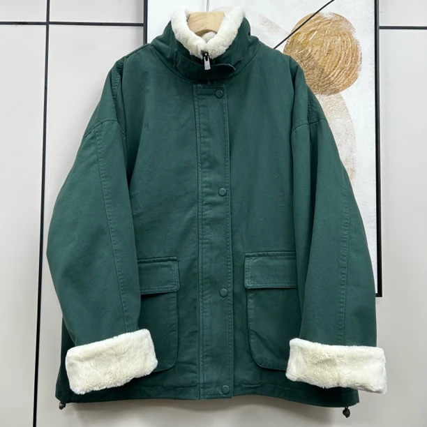 冬季韩版加绒加厚派克服女拼接毛绒内胆