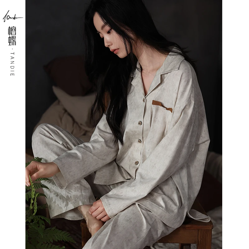 2025年纯棉睡衣女舒适长袖长裤宽松透气秋季情侣款套装睡衣女士款