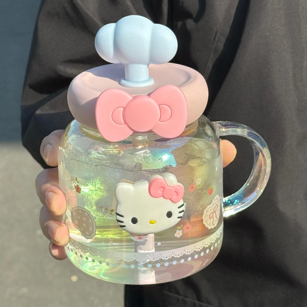 hellokitty玻璃杯大容量2025新款学生可爱水杯带吸管手提杯子便携