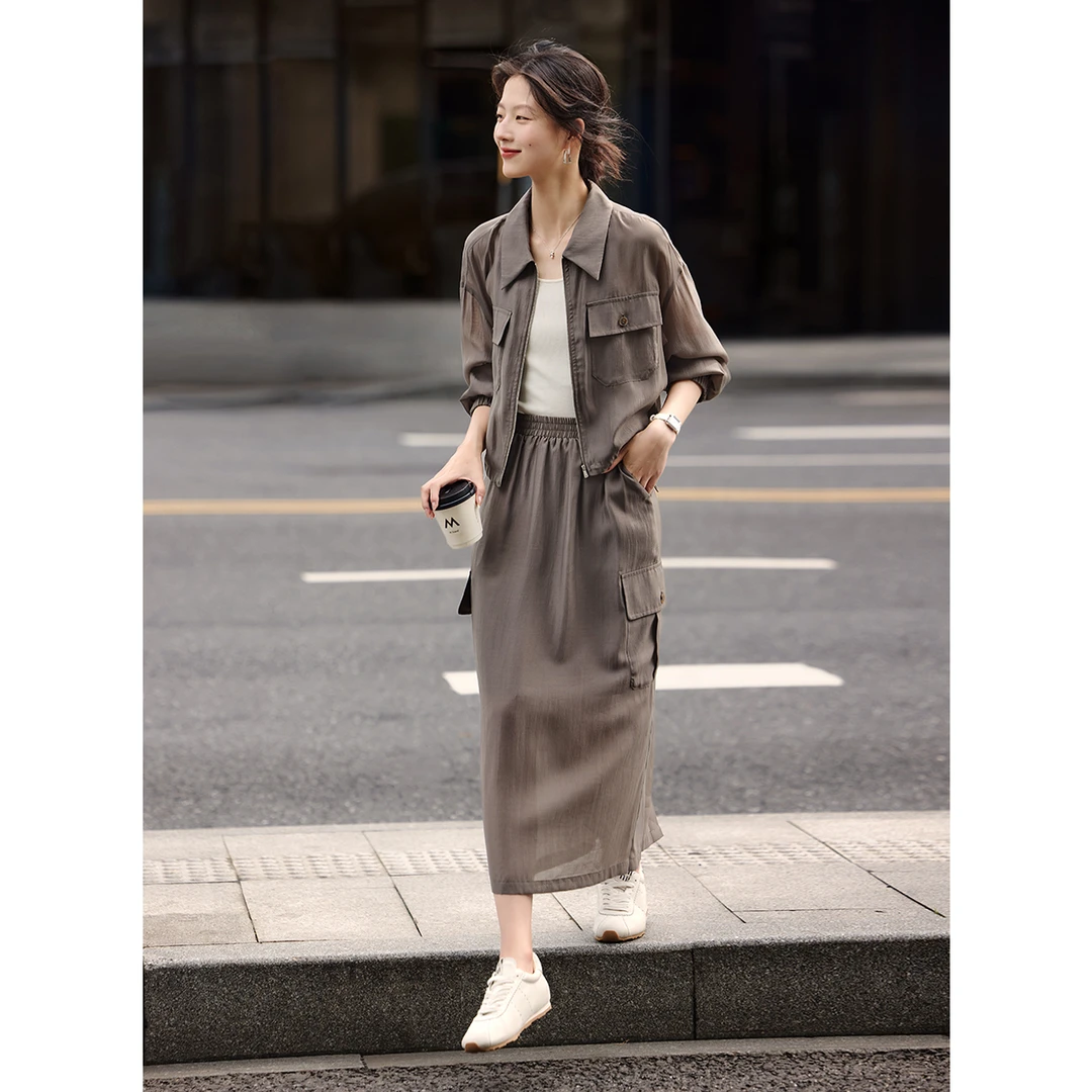 XWI/欣未工装风时尚套装女2025年初秋气质休闲外套＋半身裙两件套