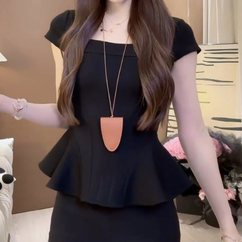 纯欲辣妹方领正肩短袖t恤女2025夏季新款遮肚休闲显瘦鱼尾小上衣