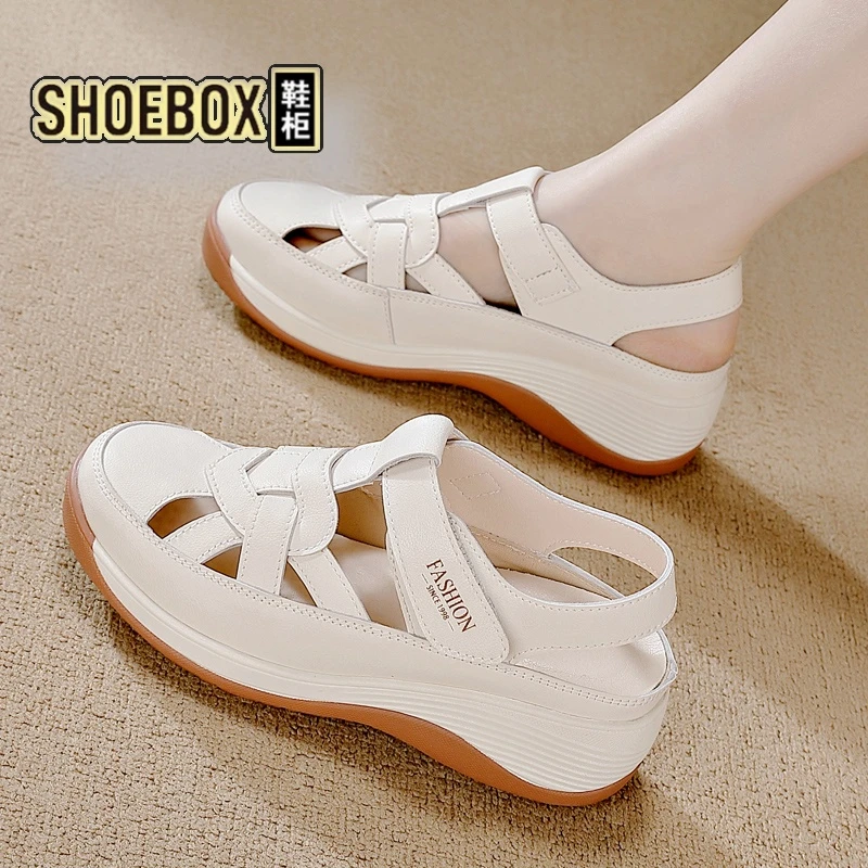 SHOEBOX鞋柜凉鞋女2025夏季新款镂空罗马凉鞋中老年外穿健步鞋