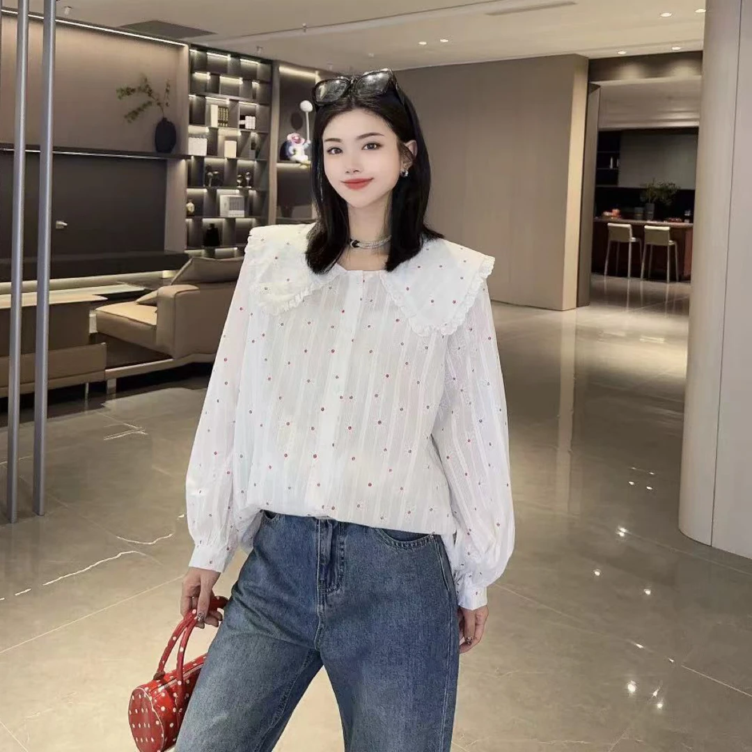 大码25秋冬胖mm宽松显瘦镂空娃娃领甜美洋气减龄韩版简约衬衫上衣