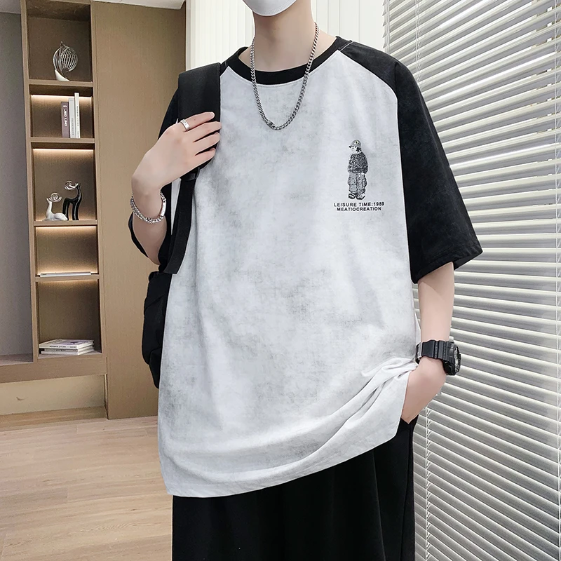 夏季新款插肩袖青少年短袖t美式潮流男生宽松撞色半袖百搭休闲T恤